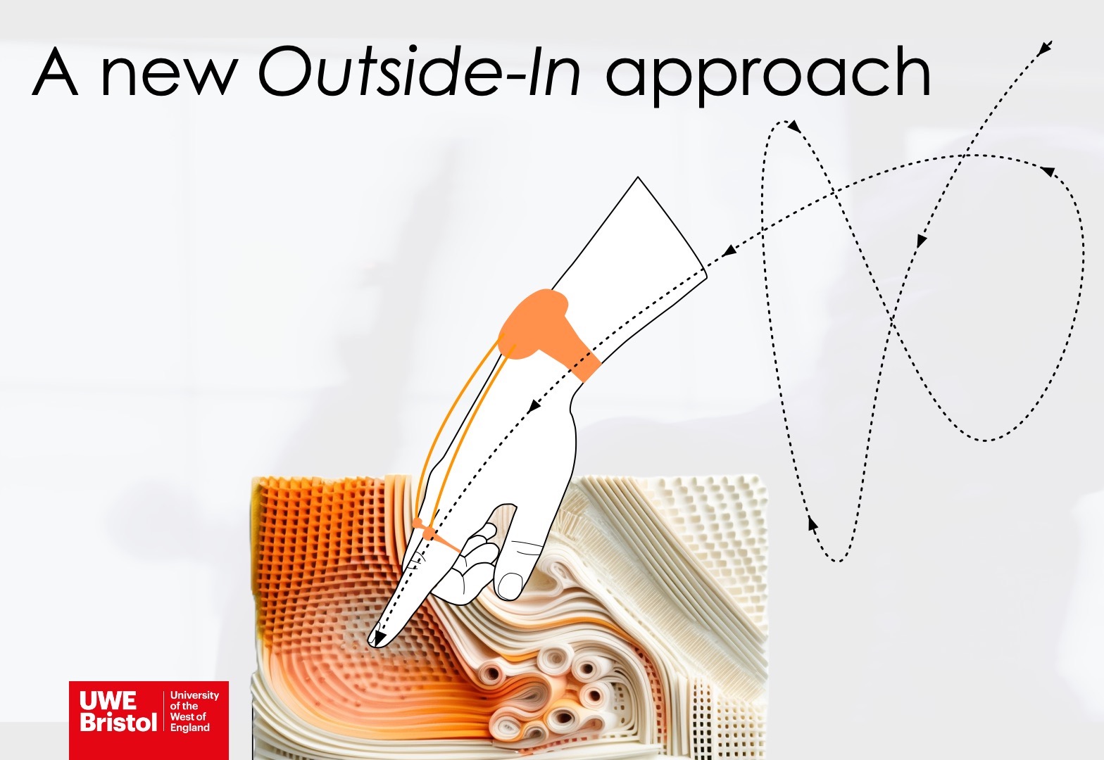An image with the text a 'new outside in approach' and an illustration a hand interacting what an unusual looking interface with a wearable sensor with arrows indicating motion
